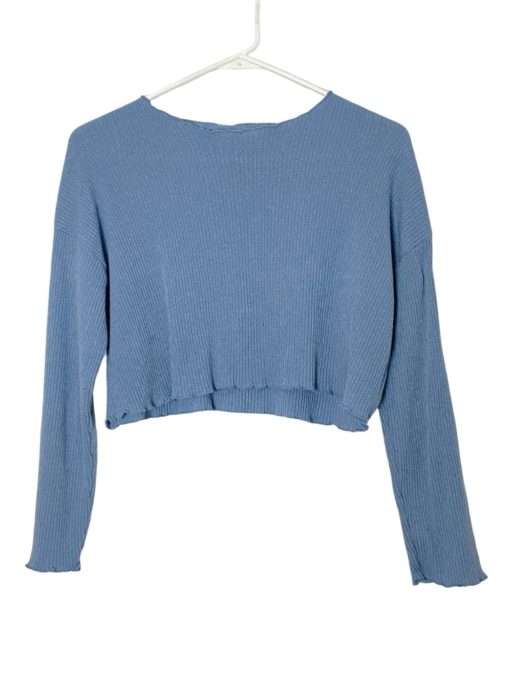 Oak & Fort Crop Top Sweater Womens Size Medium Ribbed Blue Long Sleeve Shirt